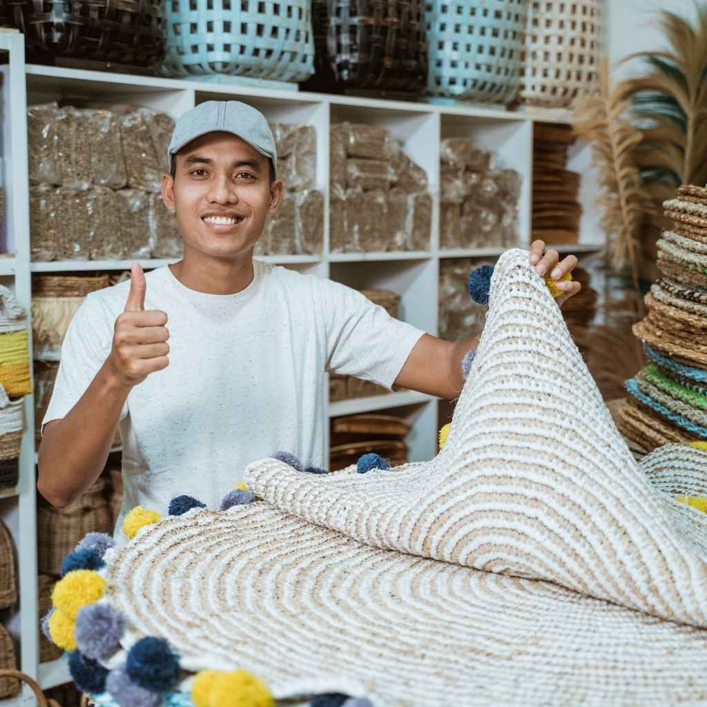 Man holding a woven decorative item in a store with shelves of baskets and crafts.