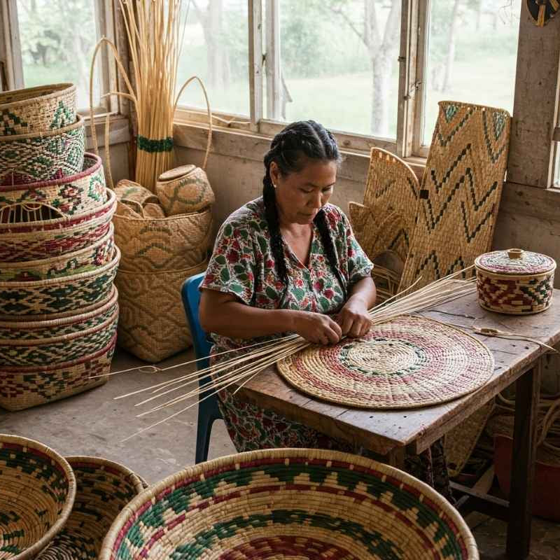 Woman weaving baskets in a workshop with various woven baskets around her.