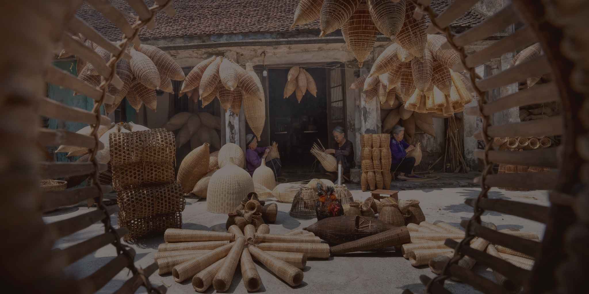 Decorative interior with woven baskets and plants in a rustic setting
