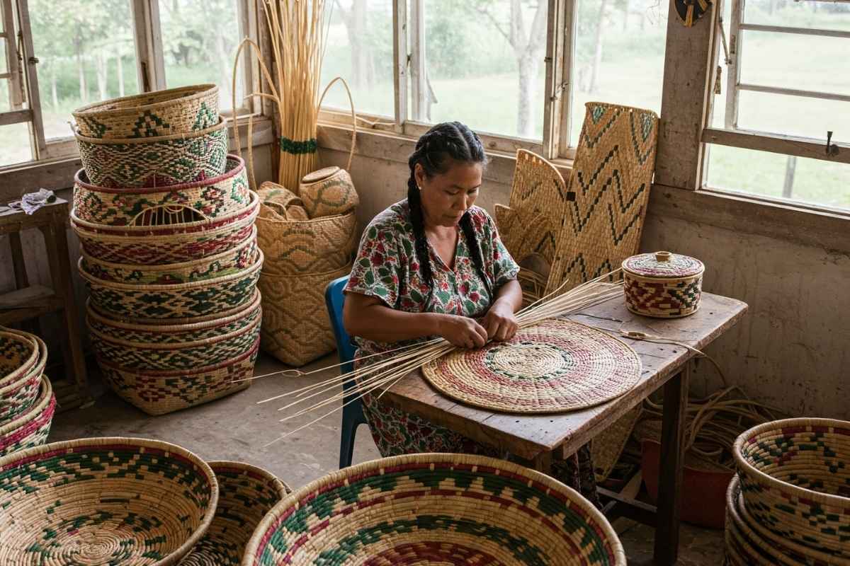 Woman weaving baskets in a workshop with various woven baskets around her.