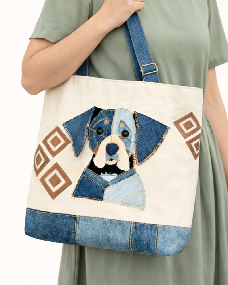 Tote bag with dog design made from denim, held by a person wearing a green dress.